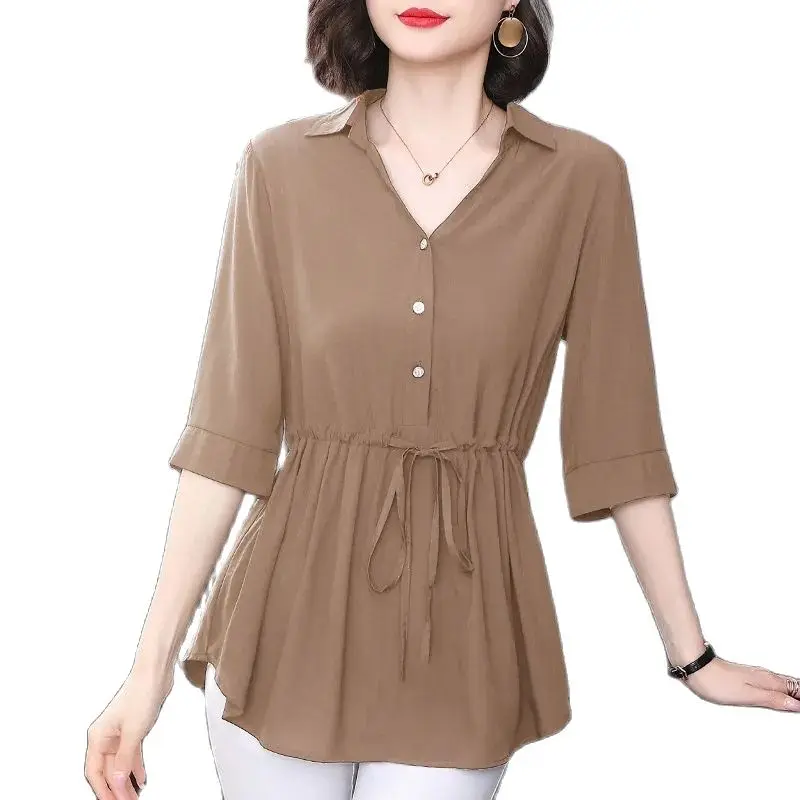 Summer Short-Sleeved Shirt Women's Slim Mid-Sleeved Summer New Loose Waist-Covering Top Black Shirt Size 4XL Thin Pullover Polo
Summer Short-Sleeved Shirt Women's Slim Mid-Sleeved Summer New Loose Waist-Covering Top Black Shirt Size 4XL Thin Pullover Polo