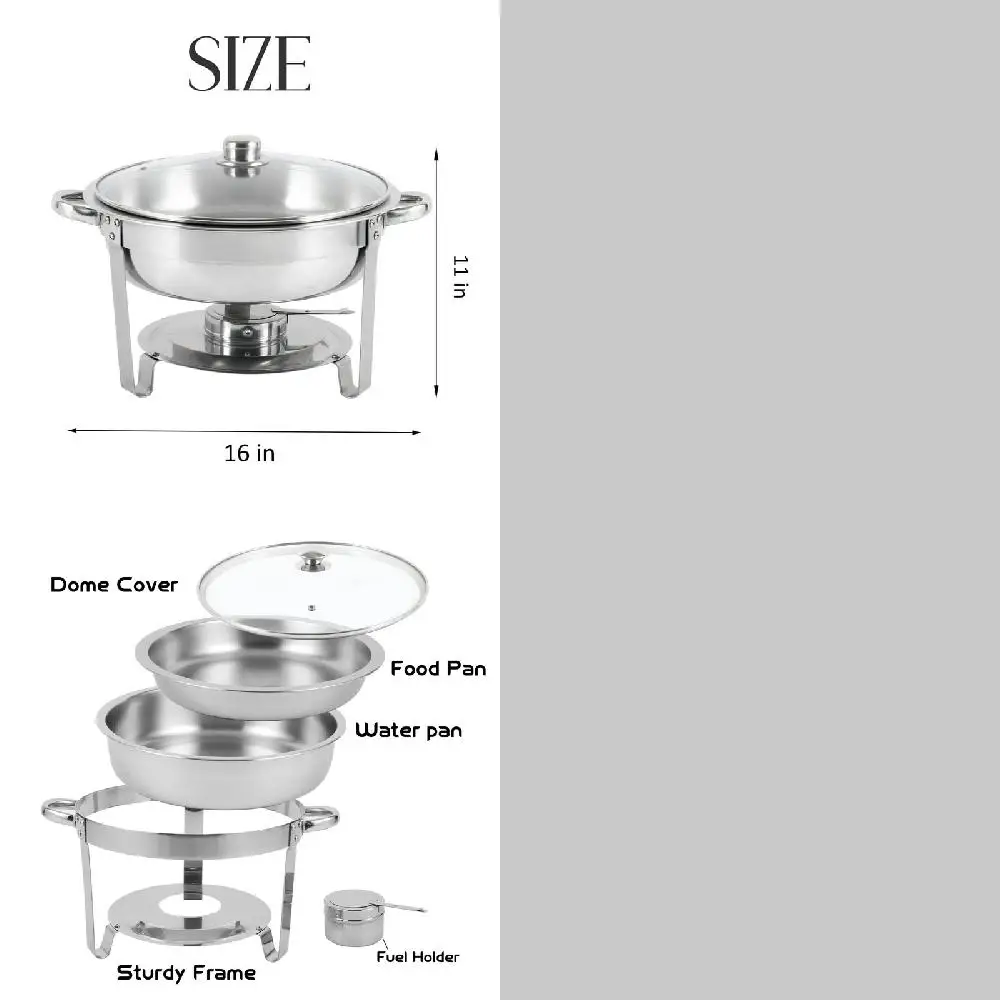 Dish Buffet Set 2 Pack Round Stainless Steel Chafers and Buffet Warmers Sets Full Size w/Water Pan, Food Pan, Fuel Holder and Gl
Dish Buffet Set 2 Pack Round Stainless Steel Chafers and Buffet Warmers Sets Full Size w/Water Pan, Food Pan, Fuel Holder and Gl