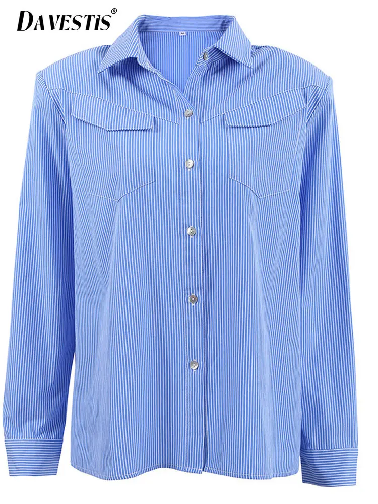 2023 Spring Summer Casual Blue Striped Shirt for Women Fashion Loose Slim Shoulder Pad Long Sleeve Blouses Lady Office Shirt
2023 Spring Summer Casual Blue Striped Shirt for Women Fashion Loose Slim Shoulder Pad Long Sleeve Blouses Lady Office Shirt