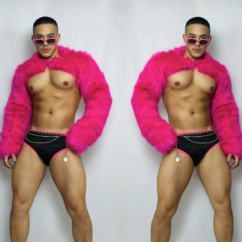 

Мужской костюм для бара, ночного клуба, DJ DS Gogo, флуоресцентный розовый меховой Топ, трусы, одежда для танца на шесте, одежда для сценического выступления XS4230
