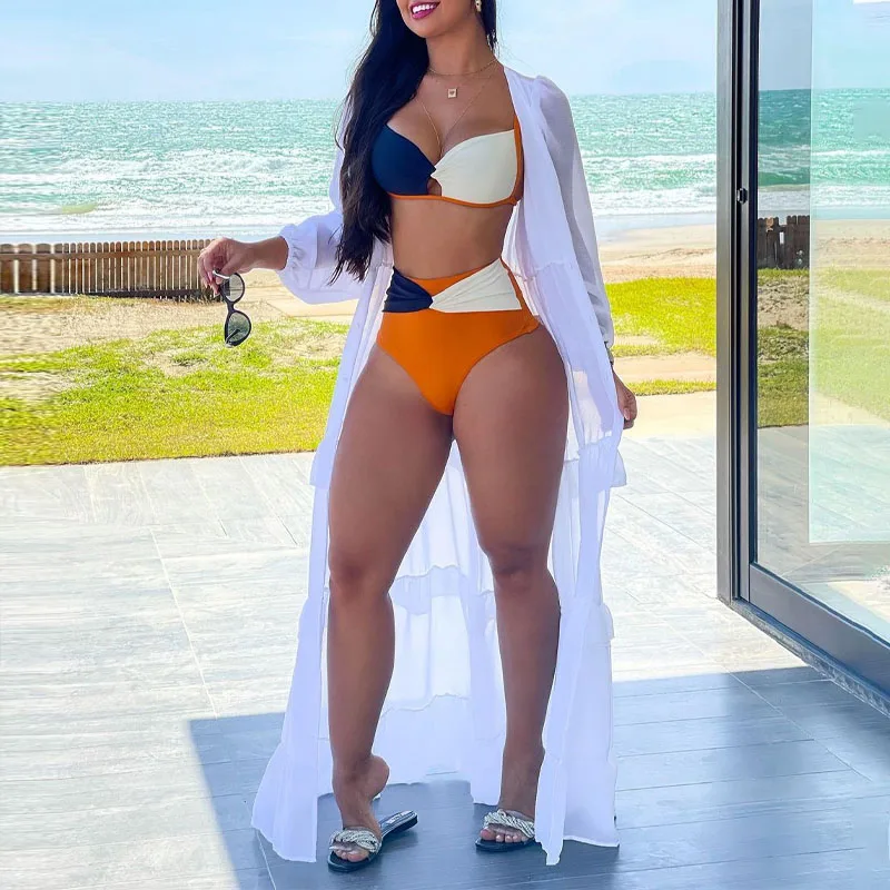 Swimwear 3pcs Bra Briefs Cover 2022 Contrast Color Hollow Sexy Bikini Colorblock Twist Cutout Set Spring Summer
Swimwear 3pcs Bra Briefs Cover 2022 Contrast Color Hollow Sexy Bikini Colorblock Twist Cutout Set Spring Summer