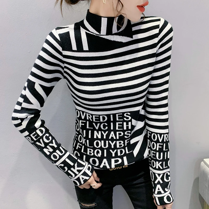 Fall Winter European Clothes Knitted Chic Mock Neck Sweater Striped Letter Women's Long Sleeve Pullovers New All Match Tops 0282
Fall Winter European Clothes Knitted Chic Mock Neck Sweater Striped Letter Women's Long Sleeve Pullovers New All Match Tops 0282