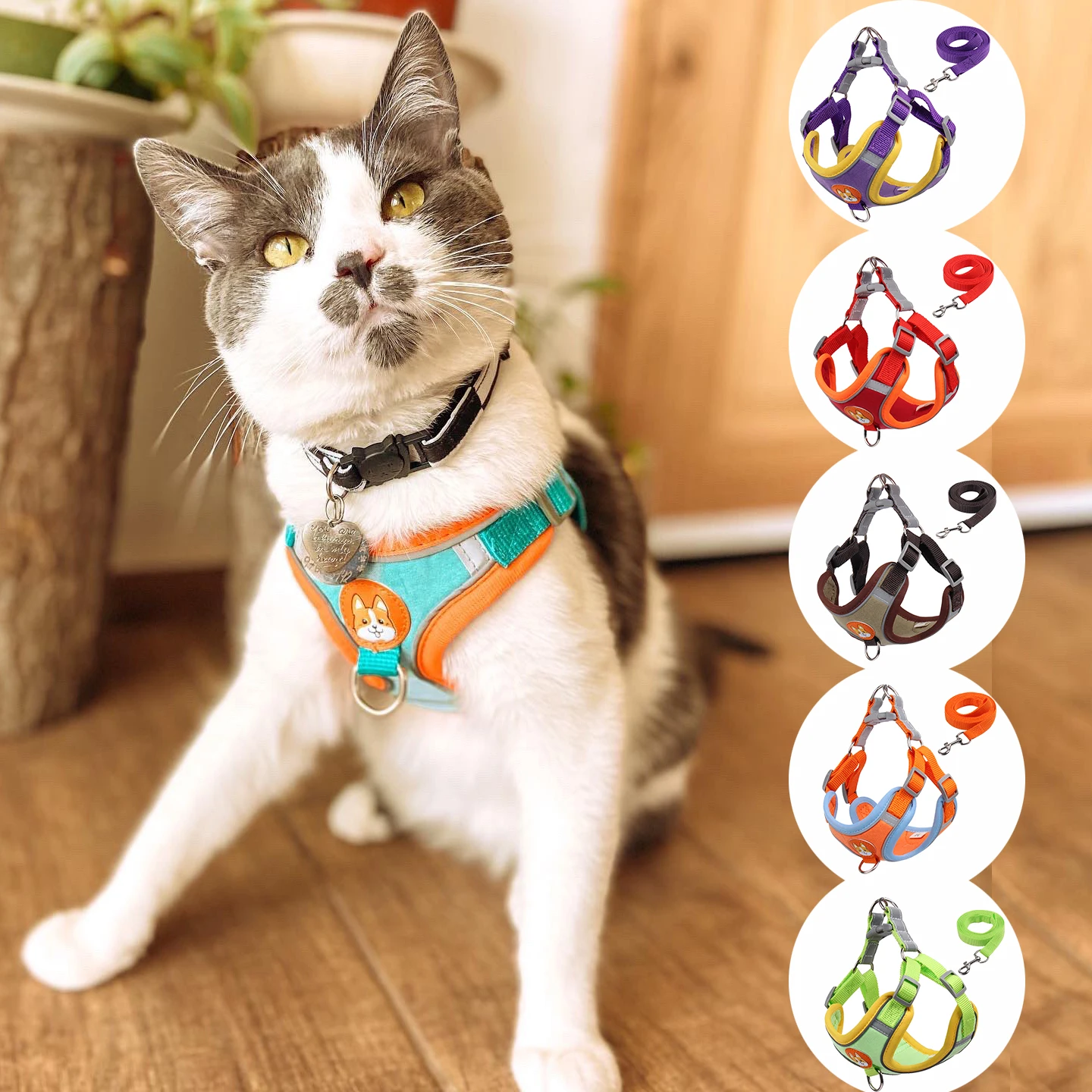 

Cat Harness and Leash Set for Escape Proof Cat Vest Harness with Reflective Strips Adjustable Walking Lead Leash Kitten Puppy