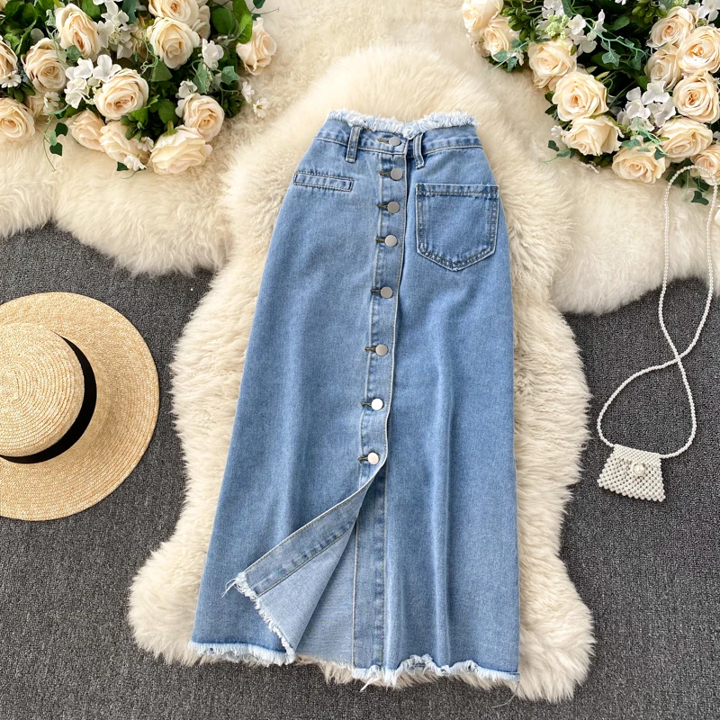 Korean Style Retro Ruffled High Waisted Slim Single Breasted Slim Fitting Mid Length Trendy Versatile Denim Skirt
Korean Style Retro Ruffled High Waisted Slim Single Breasted Slim Fitting Mid Length Trendy Versatile Denim Skirt