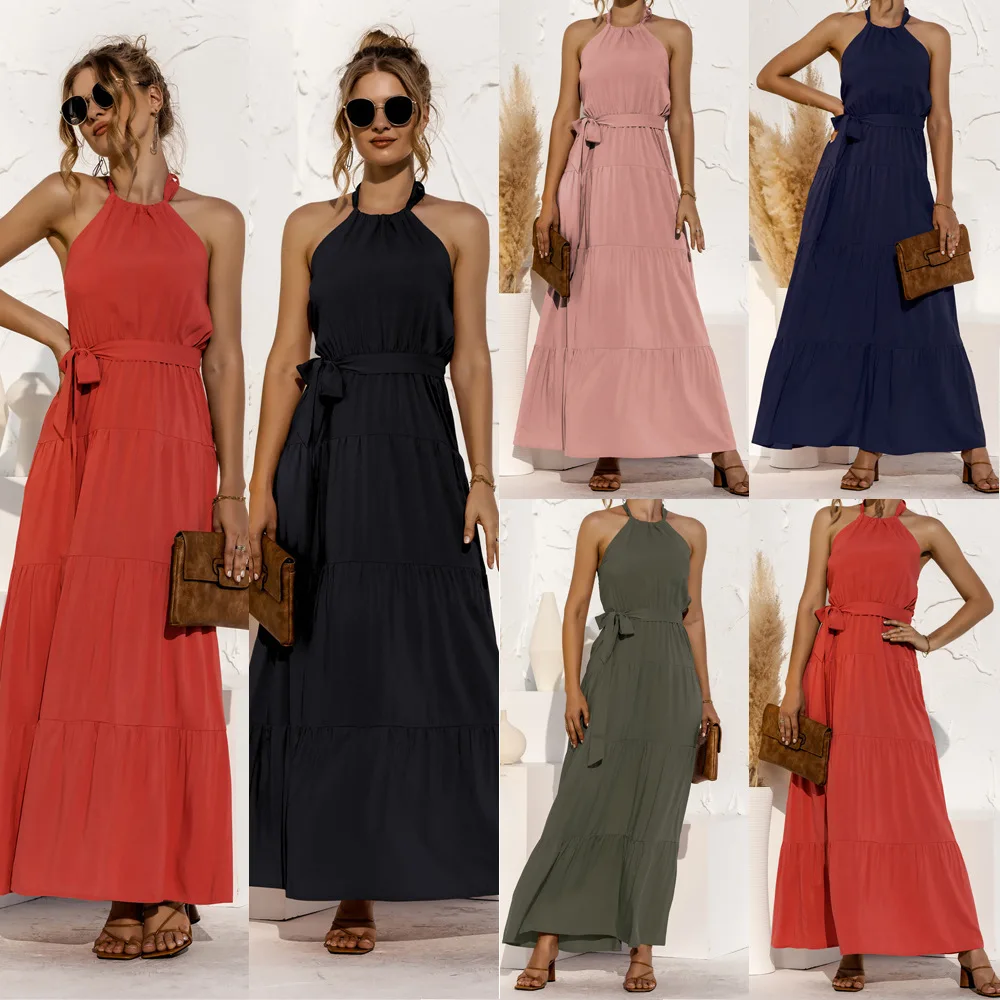 Summer dress Halter Neck Sleeveless Lace Up Backless Long Dresses Women Beach Solid Color A Line Party Belt bodycon Robe Argent
Summer dress Halter Neck Sleeveless Lace Up Backless Long Dresses Women Beach Solid Color A Line Party Belt bodycon Robe Argent