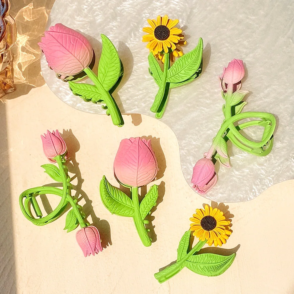 

NEW Korean Fashion Pink Tulip Hair Claws For Women Girls Summer Sunflower Shark Clip Vintage Hairpins Headwear Hair Accessories