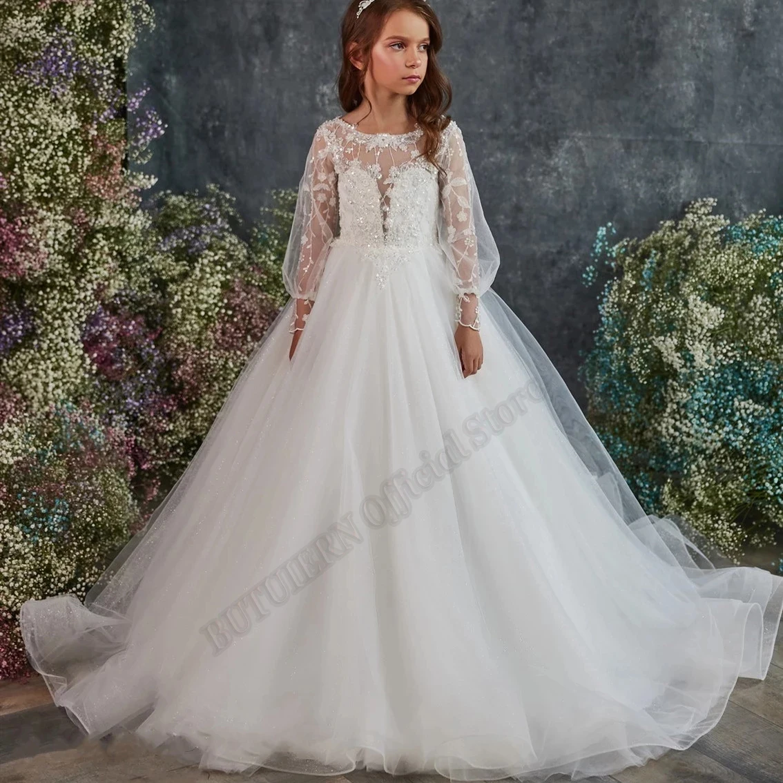 Ivory White Flower Girl Dresses For Wedding Party Long Sleeves Sheer Neck Children Princess First Communion Dress Customised
Ivory White Flower Girl Dresses For Wedding Party Long Sleeves Sheer Neck Children Princess First Communion Dress Customised