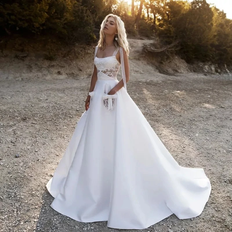 13307#Boho Sleeveless Backless Elegant A-Line Ruched Lace Appliques Satin Square Collar Sweep Train Wedding Dress Bridal Gown
13307#Boho Sleeveless Backless Elegant A-Line Ruched Lace Appliques Satin Square Collar Sweep Train Wedding Dress Bridal Gown