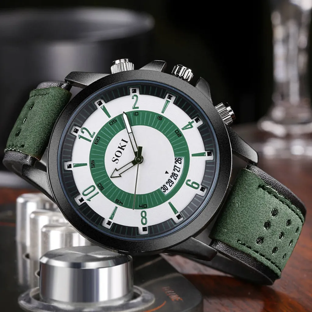 

Green Men Watch With Leather Strap Calendar Fashion Military Sport Mens Analog Quartz Wrist watch Gift Set reloj hombre