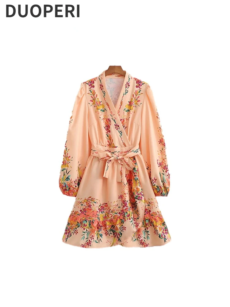 DUOPERI Women Fashion Floral Printed Front Slit Mini Dress Vintage V-Neck Long Sleeves With Belt Female Chic Lady Short Dresses
DUOPERI Women Fashion Floral Printed Front Slit Mini Dress Vintage V-Neck Long Sleeves With Belt Female Chic Lady Short Dresses