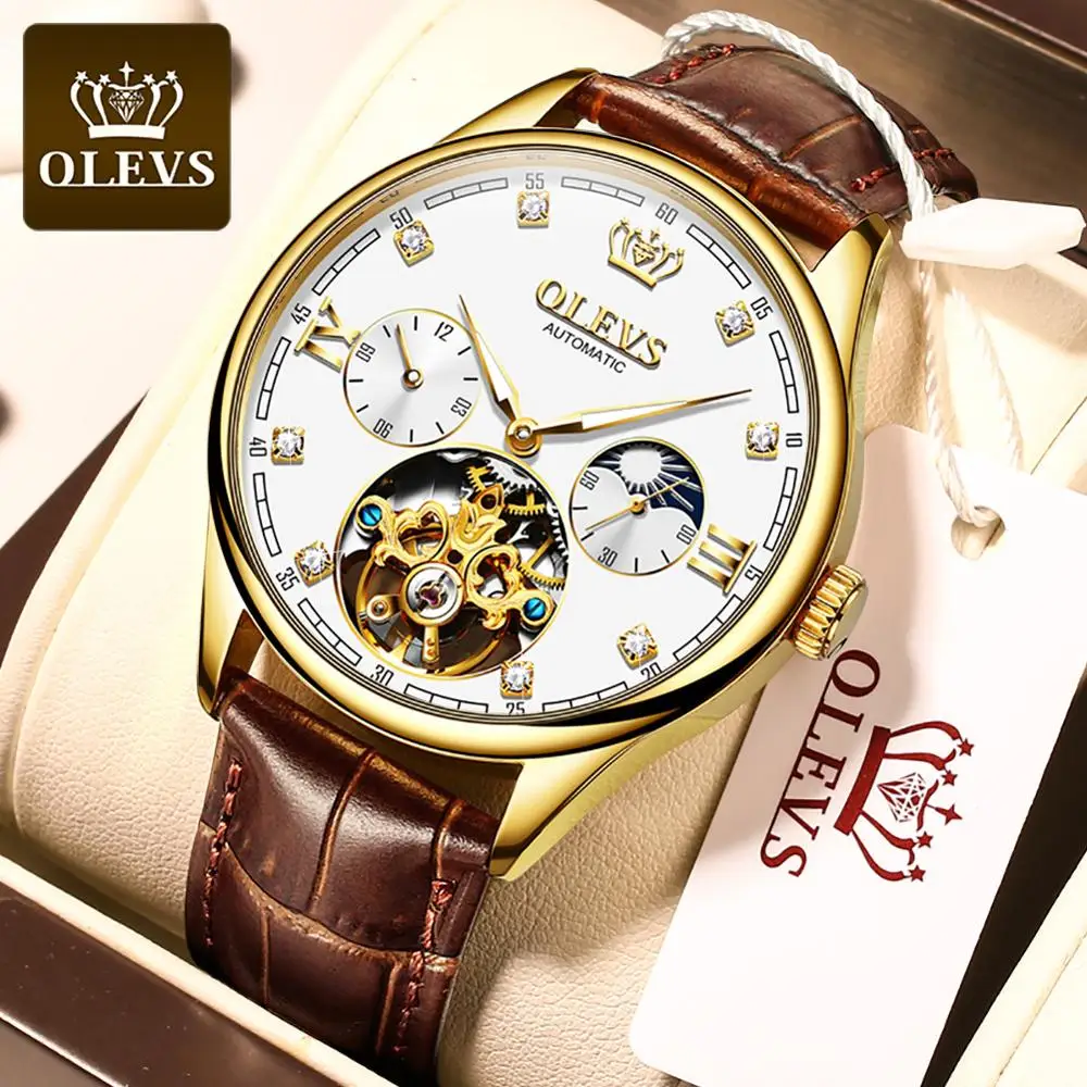 

OLEVS Men Automatic Mechanical Watch Skeleton Waterproof Luxury Mechanical Wrist Fashion Leather Strap Men's Watch relógios
