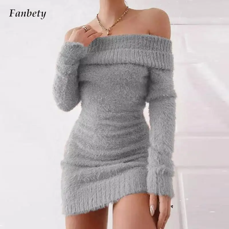 Women Sexy Slash Neck Knitted Mini Dress Autumn Elegant Plush Solid Bodycon Dress Winter Casual Long Sleeve Solid Party Dresses
Women Sexy Slash Neck Knitted Mini Dress Autumn Elegant Plush Solid Bodycon Dress Winter Casual Long Sleeve Solid Party Dresses