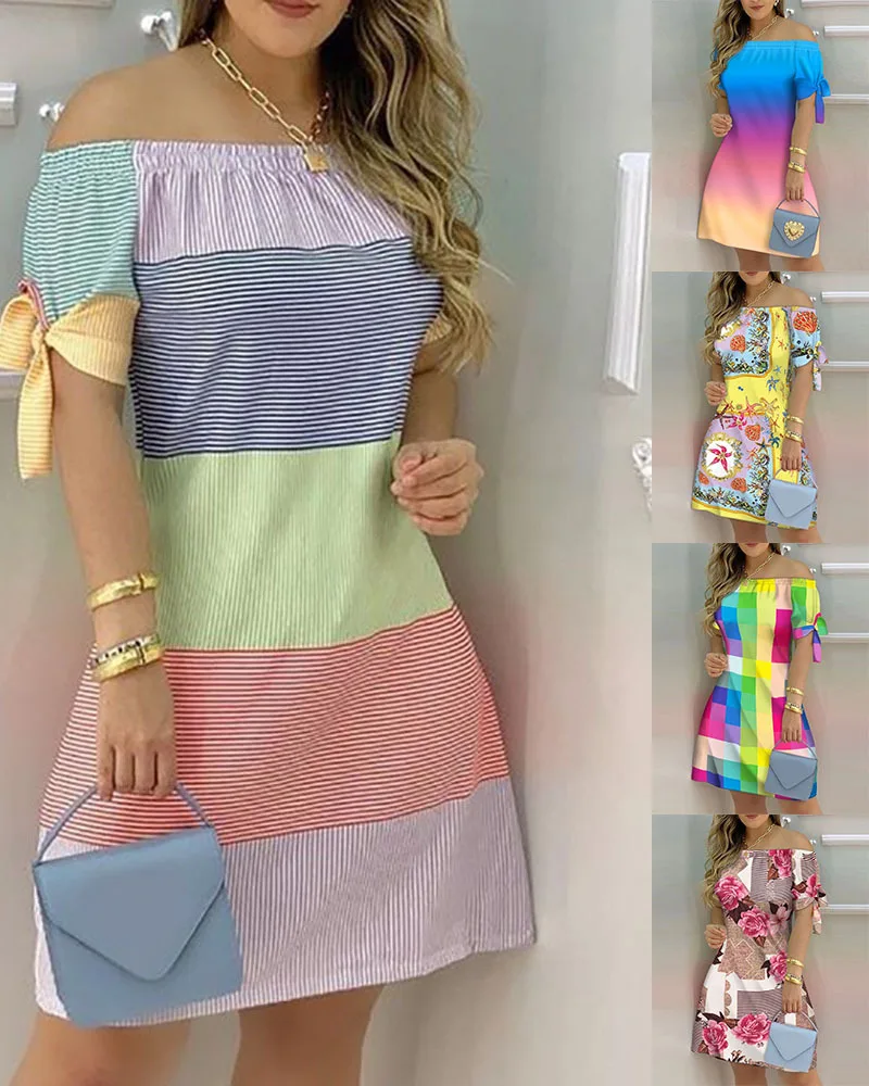 Women Off Shoulder Mini Dress Summer Sexy Short Sleeve Bow Tie Striped Floral Print Dresses Fashion Casual Loose Dress Vestidos
Women Off Shoulder Mini Dress Summer Sexy Short Sleeve Bow Tie Striped Floral Print Dresses Fashion Casual Loose Dress Vestidos