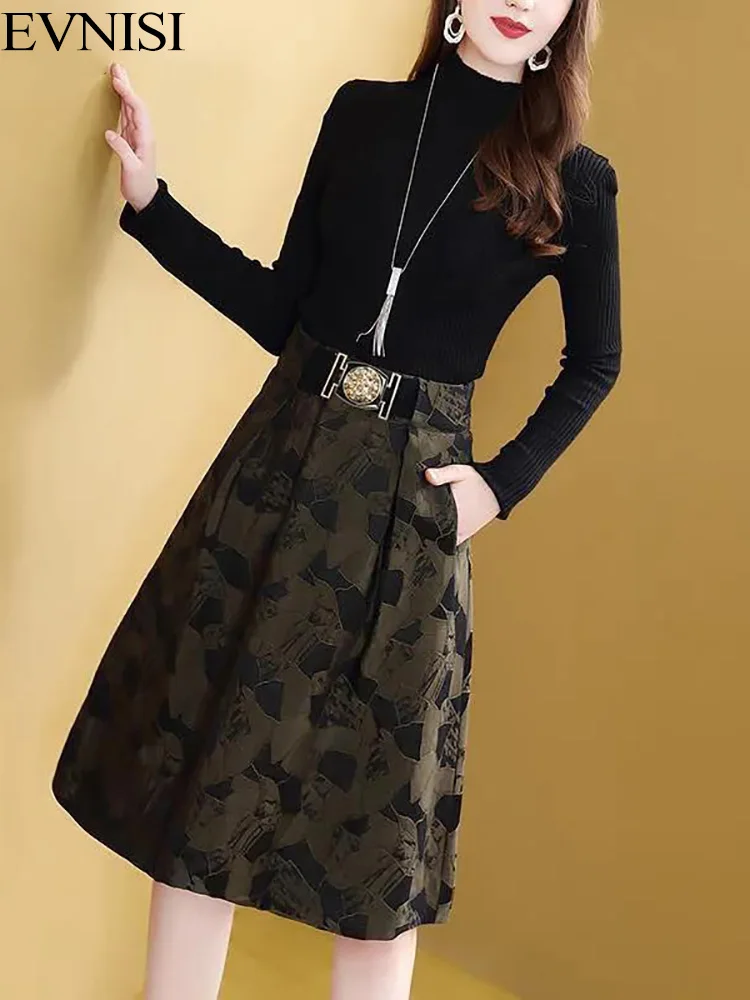 EVNISI Long-sleeved Knitted Print Dress Women Two Pieces Of 2022 Autumn New Elegant Turtleneck A-line Office Lady Vestidos
EVNISI Long-sleeved Knitted Print Dress Women Two Pieces Of 2022 Autumn New Elegant Turtleneck A-line Office Lady Vestidos
