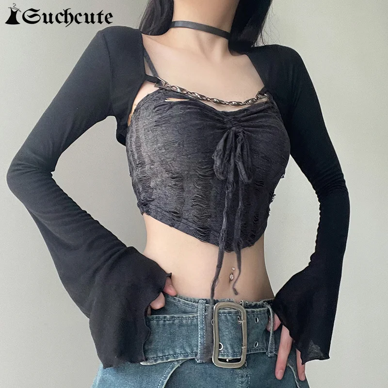 

SUCHCUTE Two Piece Set Knitted Grunge Black Crop Top Camisole Women Flare Long Sleeve Acubi Chain Stitch Smock Korean Y2K Tops