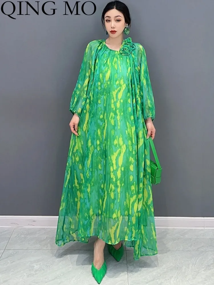 

QING MO 2023 Summer New Korean Fashion Tie Dyed Spliced Waist Full Sleeve Dress Women Red Green Long Length Dress ZXF2873