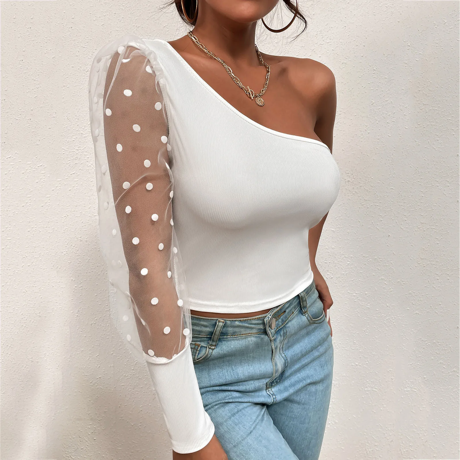 Women Sexy Skew Collar White Shirt Fashion One Shoulder Mesh Long Sleeve Crop Top Summer Backless Club Party Pullover Casual Tee
Women Sexy Skew Collar White Shirt Fashion One Shoulder Mesh Long Sleeve Crop Top Summer Backless Club Party Pullover Casual Tee