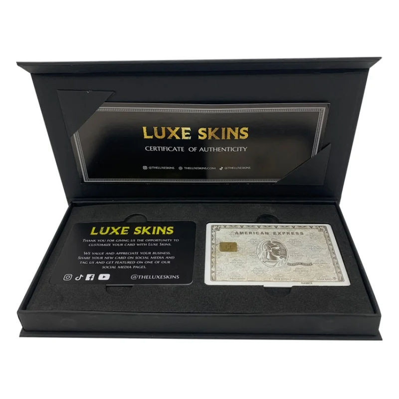 luxury custom brand printing metal credit card box gift package with gold foil and paper certificate for metal card
luxury custom brand printing metal credit card box gift package with gold foil and paper certificate for metal card