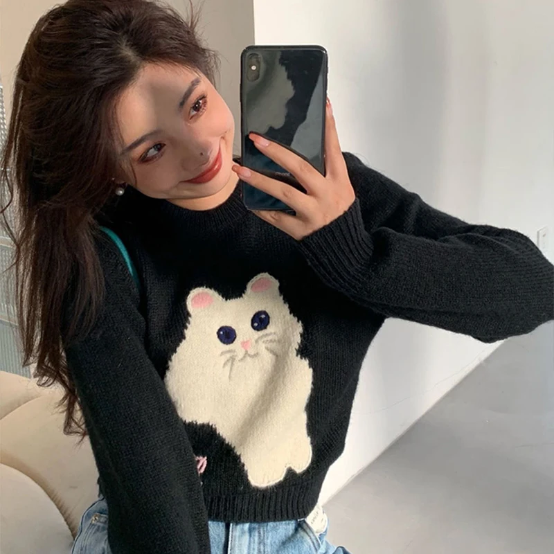 Embroidered Round Neck Sweater Vintage Top Women's Autumn and Winter Loose Soft Glutinous Cute Cat Knit Long Sleeve Short Style
Embroidered Round Neck Sweater Vintage Top Women's Autumn and Winter Loose Soft Glutinous Cute Cat Knit Long Sleeve Short Style