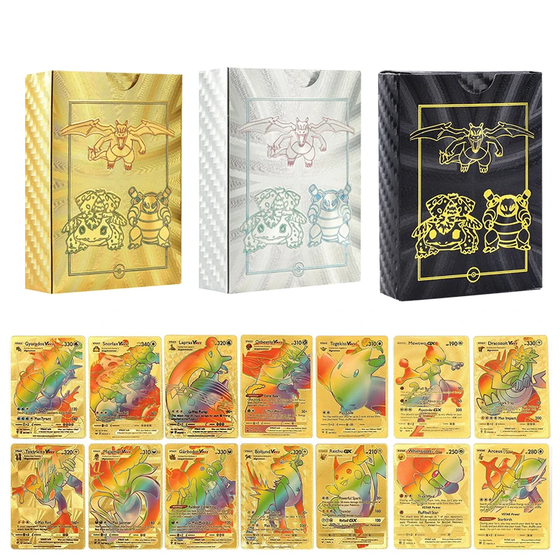 55pcs Anime Pokemon PVC English Cards Rainbow Gold Silver Black Pikachu Charizard Mew Collection Battle Game Cards Toys Gifts
55pcs Anime Pokemon PVC English Cards Rainbow Gold Silver Black Pikachu Charizard Mew Collection Battle Game Cards Toys Gifts