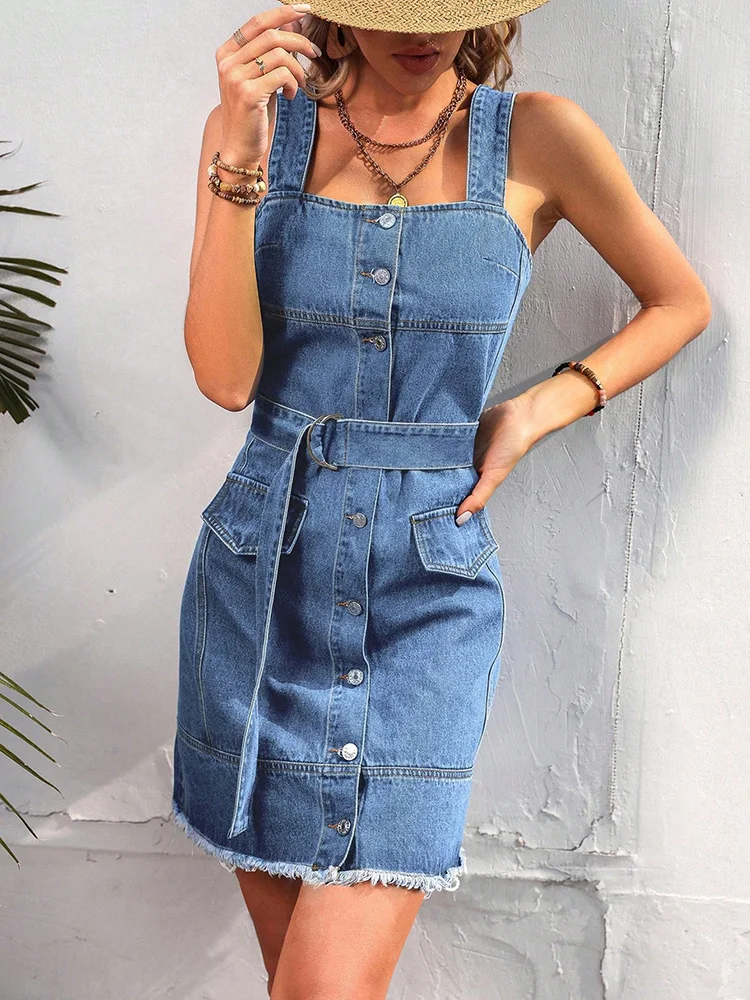 

Benuynffy Square Neck Sleeveless Frayed Hem Belted Denim Dress Women Button Front Tank Sundress Female Casual Mini Jeans Dresses