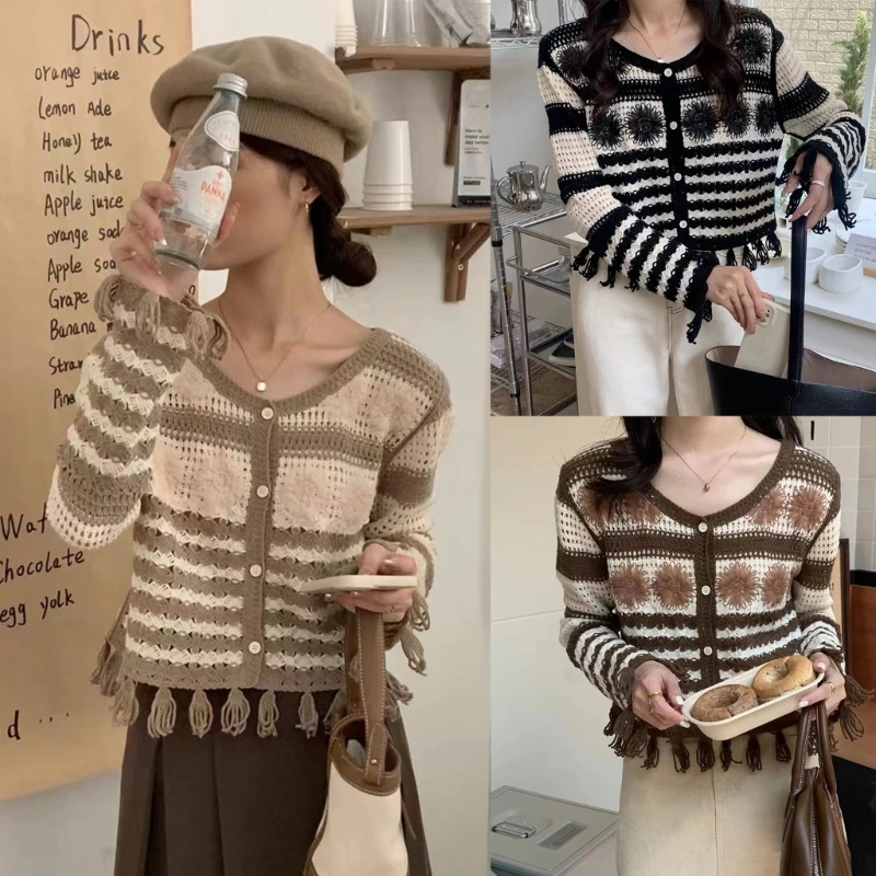 Женский ажурный свитер в полоску, вязаный крючком укороченный топ с длинным рукавом, трикотажный кардиган с бахромой и пуговицами, осенняя ...
Женский ажурный свитер в полоску, вязаный крючком укороченный топ с длинным рукавом, трикотажный кардиган с бахромой и пуговицами, осенняя ...