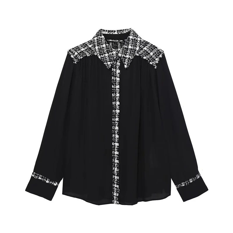 2022 European and American fashion women's autumn and winter new lapel long-sleeved black plaid stitching shirt top
2022 European and American fashion women's autumn and winter new lapel long-sleeved black plaid stitching shirt top