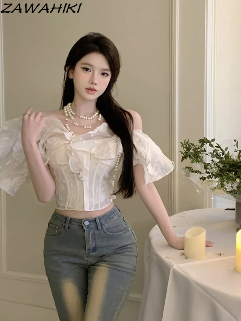 Vintage Ruffles Elegant Temperament Slash Neck Summer Slim Waist Shirt Women Short Sleeve Solid Color Y2K Off Shoulder Tops
Vintage Ruffles Elegant Temperament Slash Neck Summer Slim Waist Shirt Women Short Sleeve Solid Color Y2K Off Shoulder Tops