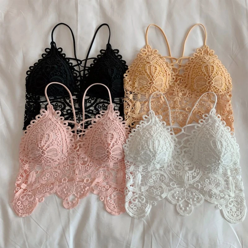 

Women Sleeveless Strappy Bra Crop Top Hollow Out Crochet Lace Camisole Bralette Sexy V-Neck Backless Padded Mini Vest