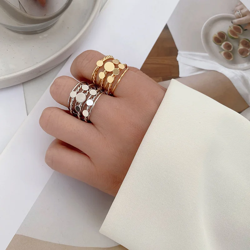 

SRCOI Bohemia Multilayered Disc Wraparound Twist Wire Ring Round Coin Sequin Statement Wide Stackable Ring For Women Jewelry
