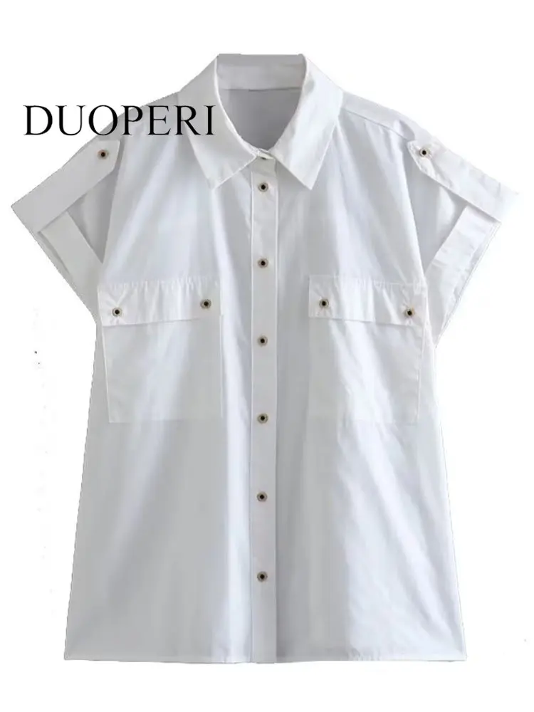 DUOPERI Women Fashion With Pockets White Single Breasted Shirts Vintage Short Sleeves Lapel Neck Female Chic Lady Blouse
DUOPERI Women Fashion With Pockets White Single Breasted Shirts Vintage Short Sleeves Lapel Neck Female Chic Lady Blouse