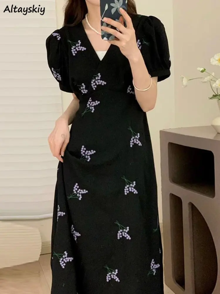 

Женские платья с принтом длиной до щиколотки в Корейском стиле Простые Модные шикарные женские темпераментные винтажные повседневные Ulzzang свободные с пышными рукавами