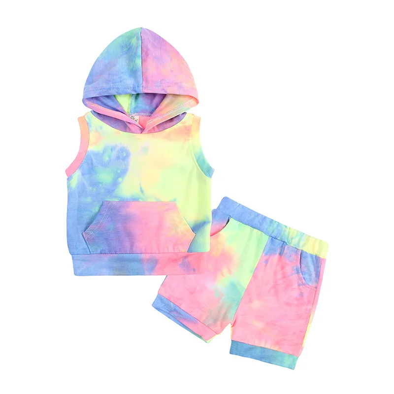 

Summer Toddler Tie Dye Outfits Baby Girls Boys Sleeveless Hoodie + Short Pant Sets with Hooded Kangaroo Pocket 3-24 Months