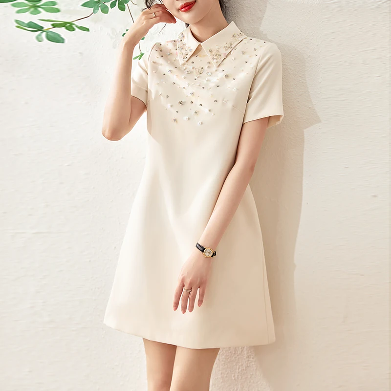 2023 Summer New Beaded Sequined Lapel Short Sleeve Basic A Line White Dresses Elegant Temperament Short Female Dress
2023 Summer New Beaded Sequined Lapel Short Sleeve Basic A Line White Dresses Elegant Temperament Short Female Dress