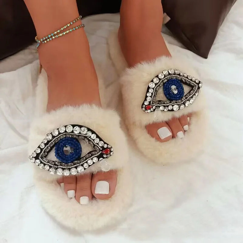 Women Slippers Furry Slippers Designer Devil's Eye Rhinestone Slippers Brand Luxury Fur Mules Shoes Shiny Rhinestone Sandals
Women Slippers Furry Slippers Designer Devil's Eye Rhinestone Slippers Brand Luxury Fur Mules Shoes Shiny Rhinestone Sandals