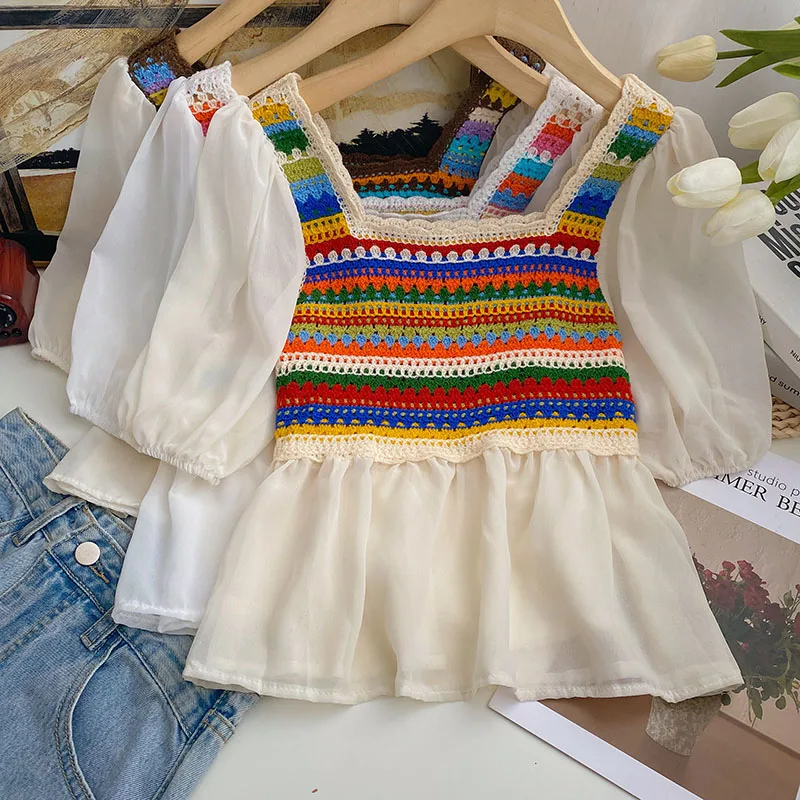 

Boring Honey Rainbow Colors Square Collar Fashion Women Blouses Camis Crochet Chiffon Splicing Women's T-Shirt Be All-Match Tops
