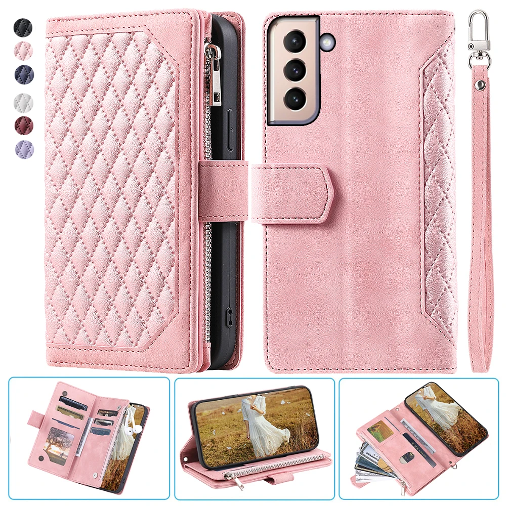 

For Samsung S22+ 5G Fashion Small Fragrance Zipper Wallet Leather Case Flip Cover Multi Card Slots Cover Folio with Wrist Strap