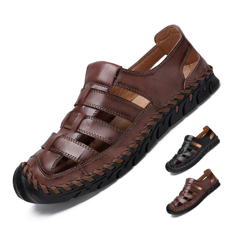 

Men's Sandals Genuine Leather Men Slippers Summer Outdoor Casual Shoes Kapcie Męskie Leather Beach Shoes Soft Sole Leather Shoes