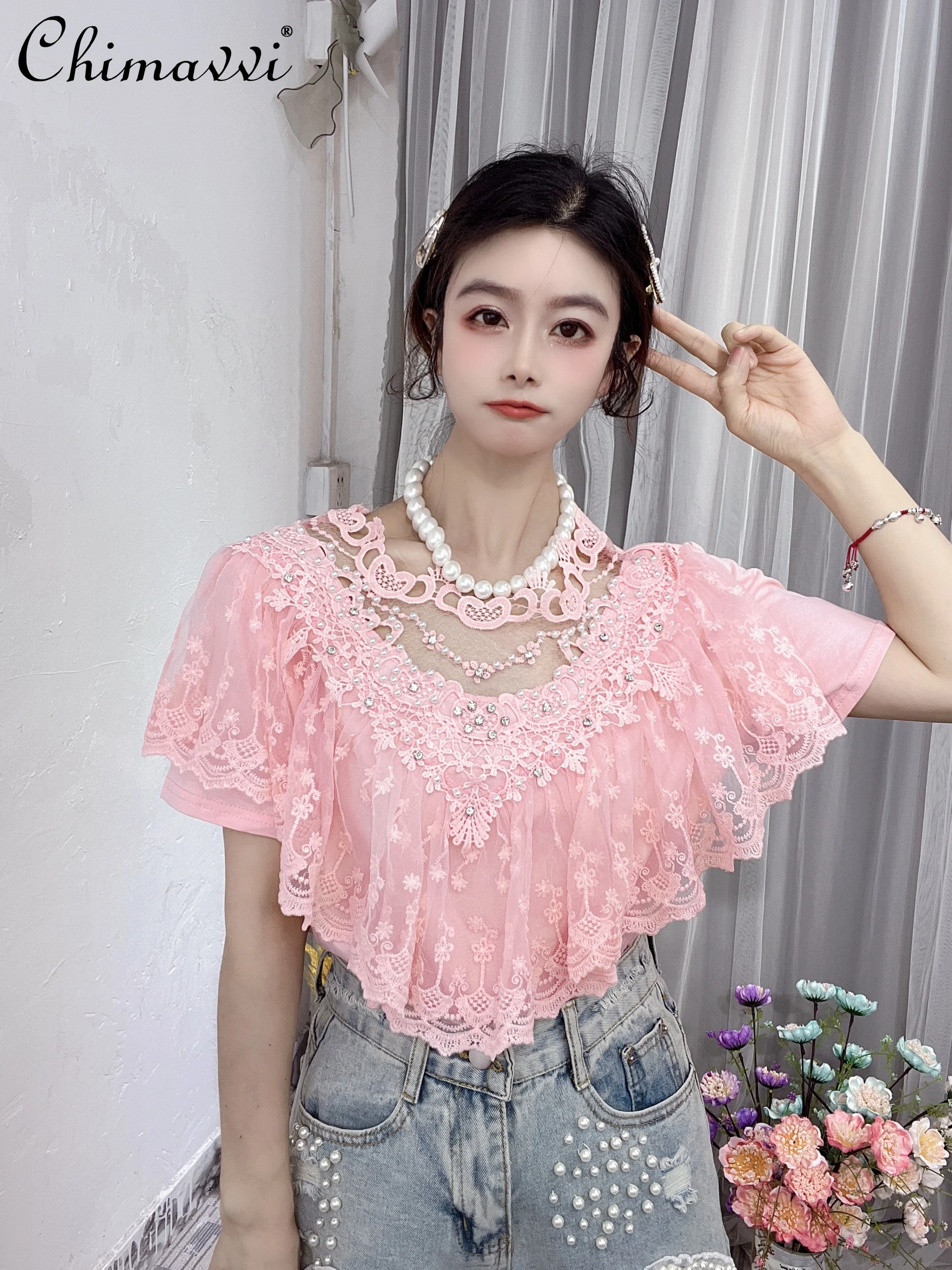 Fashion Mori Girl Lace Embroidered Ruffled Beaded Short Sleeve T-shirt Women's 2022 Summer New Mesh Lacework Round-Neck Top
Fashion Mori Girl Lace Embroidered Ruffled Beaded Short Sleeve T-shirt Women's 2022 Summer New Mesh Lacework Round-Neck Top