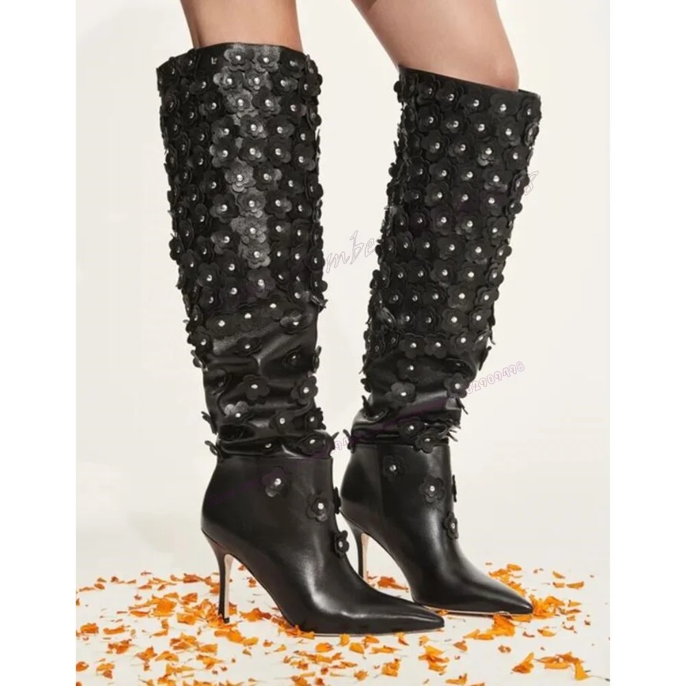 

Женские сапоги до колена с цветами и кристаллами, матовые кожаные сапоги с острым носком, привлекательная обувь на тонком высоком каблуке, 2023