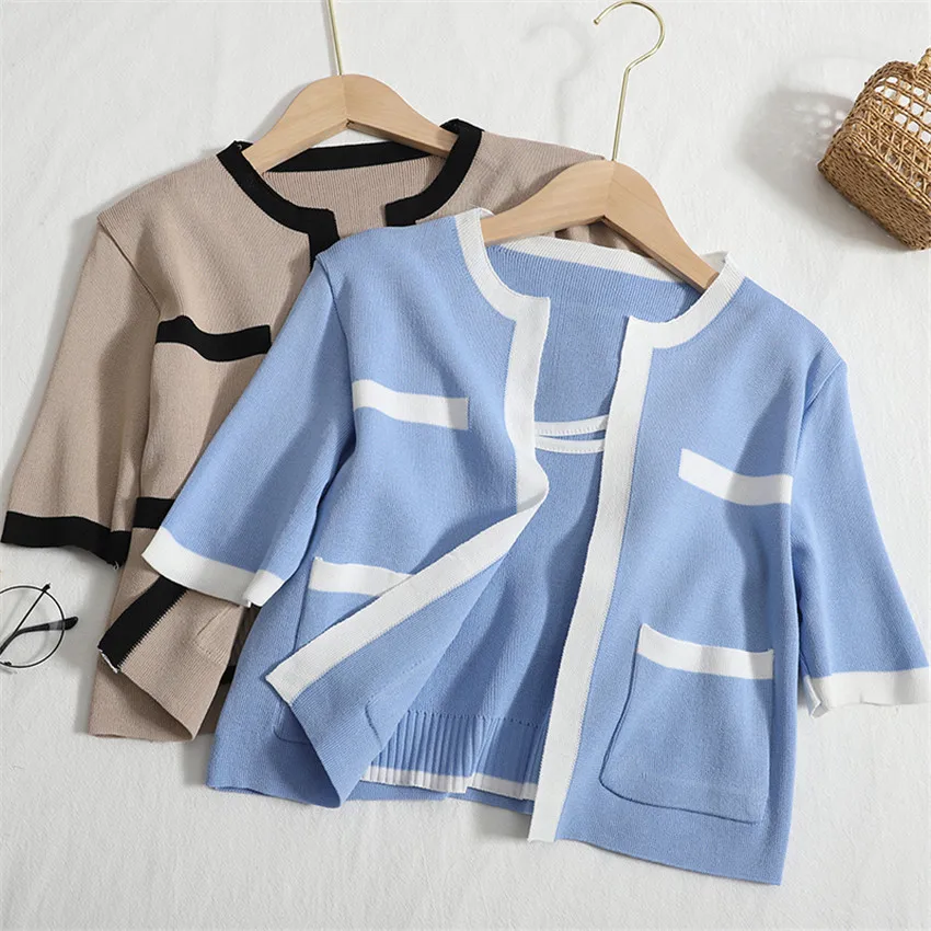 Summer Thin Knitted T Shirt Women Short Sleeve Patchwork Brand T-Shirt Female Designer Crop Top Cardigan+Tank Top
Summer Thin Knitted T Shirt Women Short Sleeve Patchwork Brand T-Shirt Female Designer Crop Top Cardigan+Tank Top