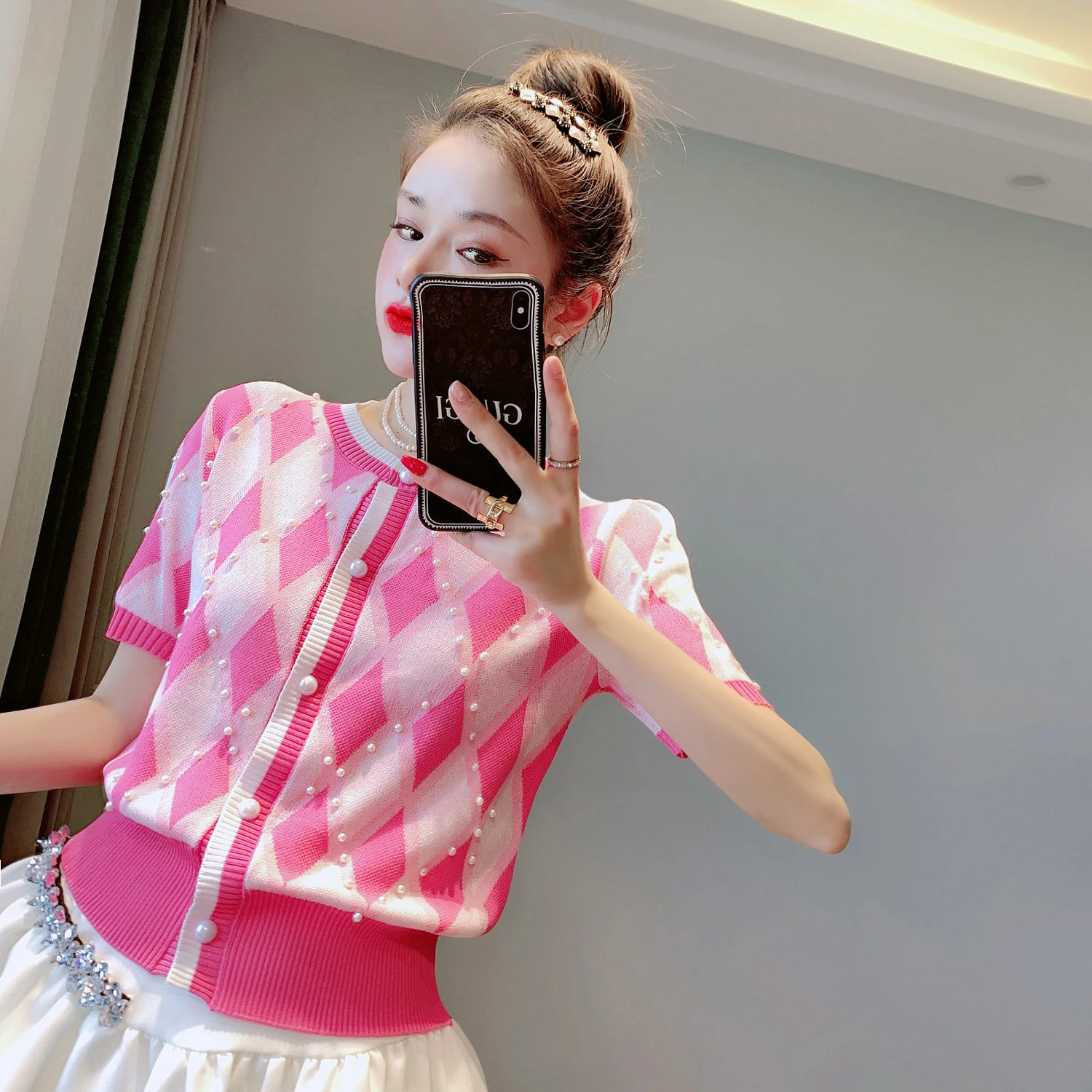 

Summer Cardigan Korean Sleeve Plaid Argyle Knitted Woman Pearl Knitwear Beading O-neck New Women Crop Short 2023 Chic Top Pink
