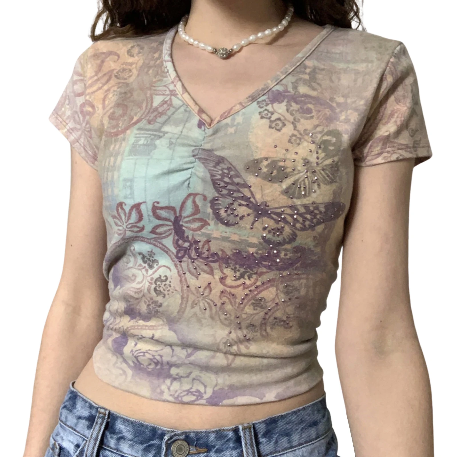 

Женские укороченные топы с принтом бабочки, футболка с V-образным вырезом и коротким рукавом, Повседневная футболка для весны и лета