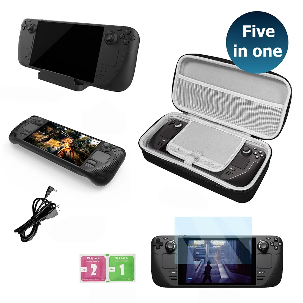 

5-in-1 GP-808 Games Console Accessories Set for Steam Deck Console Silicone Sleeve Tempered Film Bracket Cable with Bag 5-in-1