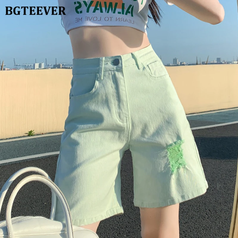 

BGTEEVER Chic Streetwear Ladies Ripped Holes Denim Shorts Summer Fashion Loose High Waist Pockets Female Wide Leg Jeans Shorts