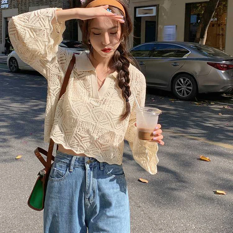 Rimocy Knit Hollow Out Cropped Shirt Women Fashion Long Sleeve Holes Summer Blouses Woman 2023 streetwear loose shirts female
Rimocy Knit Hollow Out Cropped Shirt Women Fashion Long Sleeve Holes Summer Blouses Woman 2023 streetwear loose shirts female