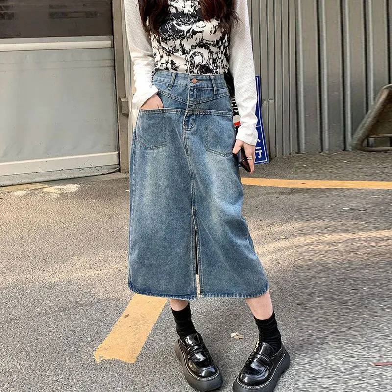 

Дизайнерская джинсовая юбка с карманами, нишевая винтажная Юбка-миди А-силуэта с разрезом, приталенная Яркая юбка для поездок