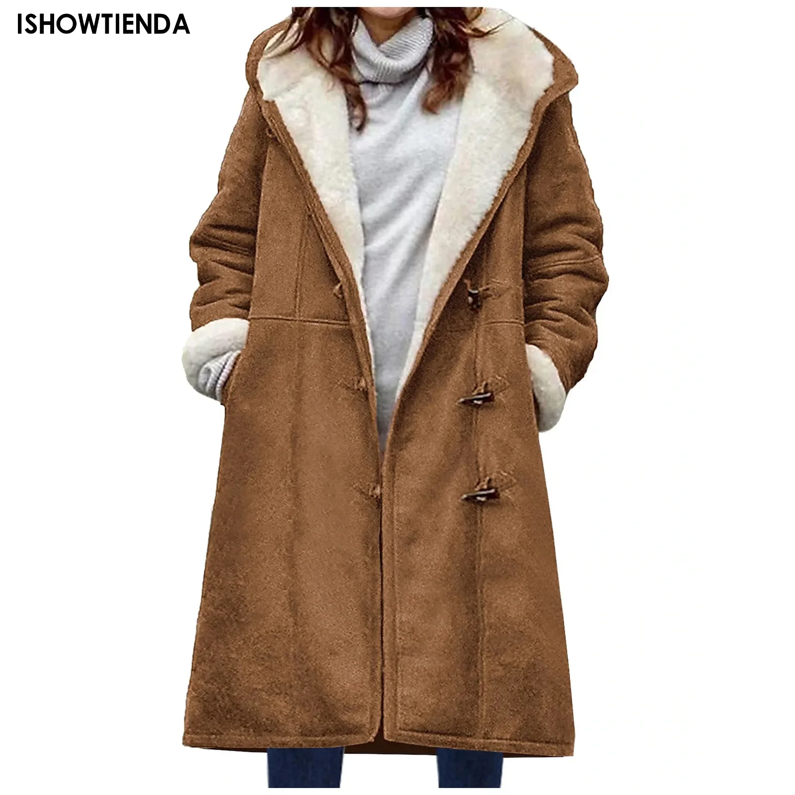 

Женская дубленка, замшевое пальто на флисовой подкладке, теплое зимнее пальто, Осеннее ветрозащитное длинное пальто с карманами, Классическая верхняя одежда