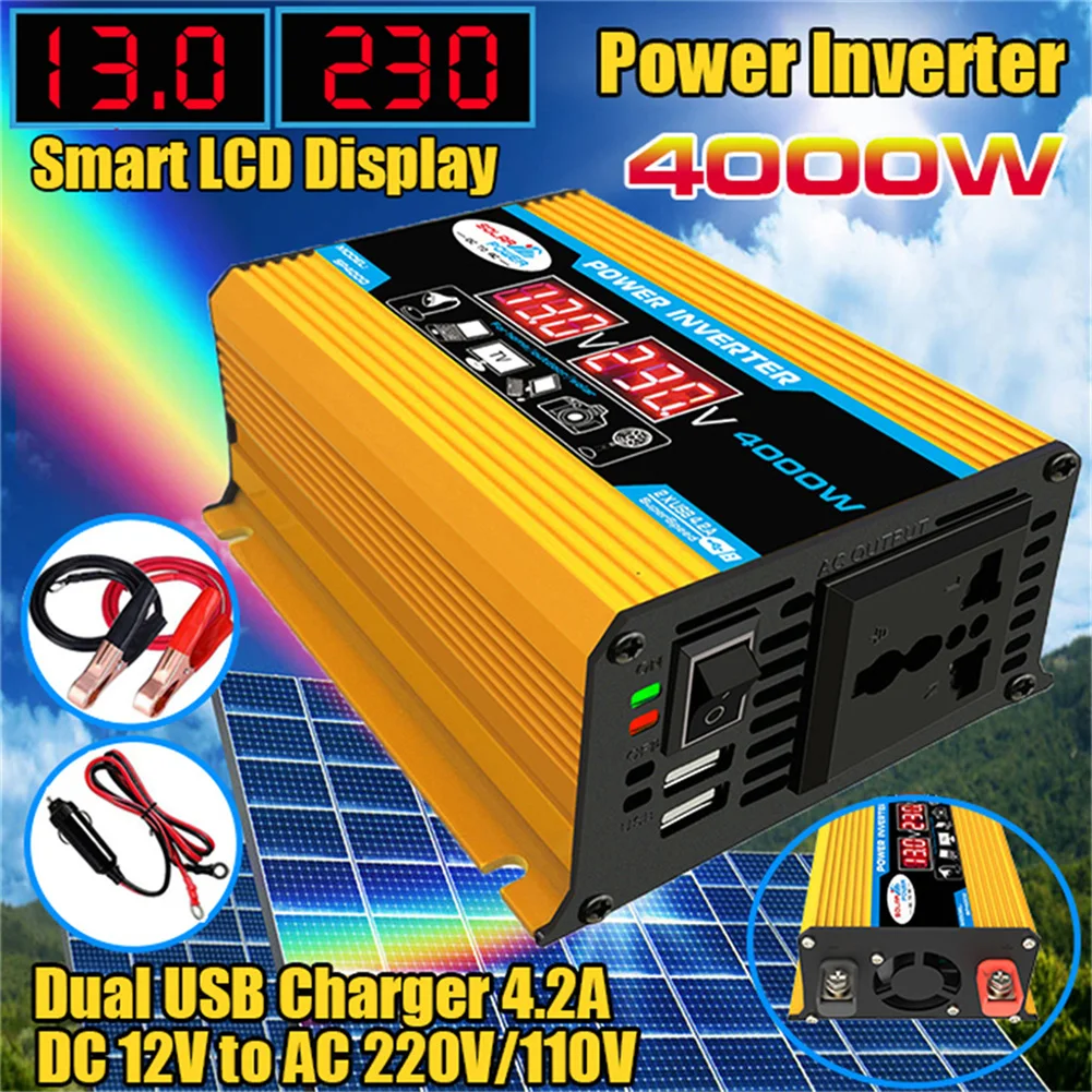 Dual LCD Display Car Power Inverter Converter Charger 4000W 12V To 220V/110V Voltage Transformer Modified Sine Wave Car AC
Dual LCD Display Car Power Inverter Converter Charger 4000W 12V To 220V/110V Voltage Transformer Modified Sine Wave Car AC
