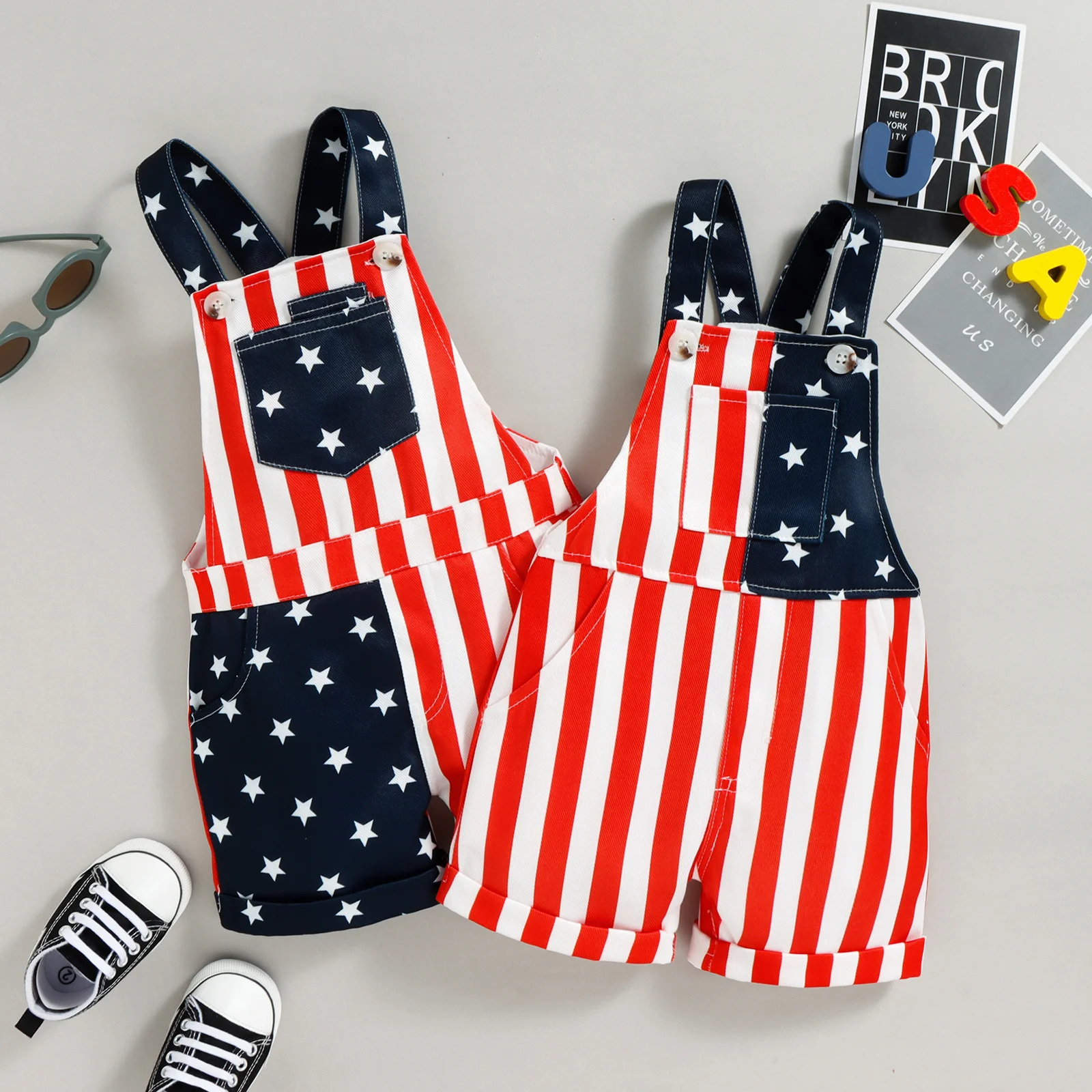 

Newborn Baby Boy Girl 4th of July Outfit Stars Stripes Patchwork Jumpsuit Overalls Independence Day Clothes